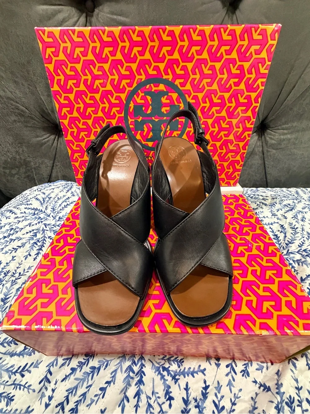 Tory Burch Black Leather Slingback Wedge Sandals